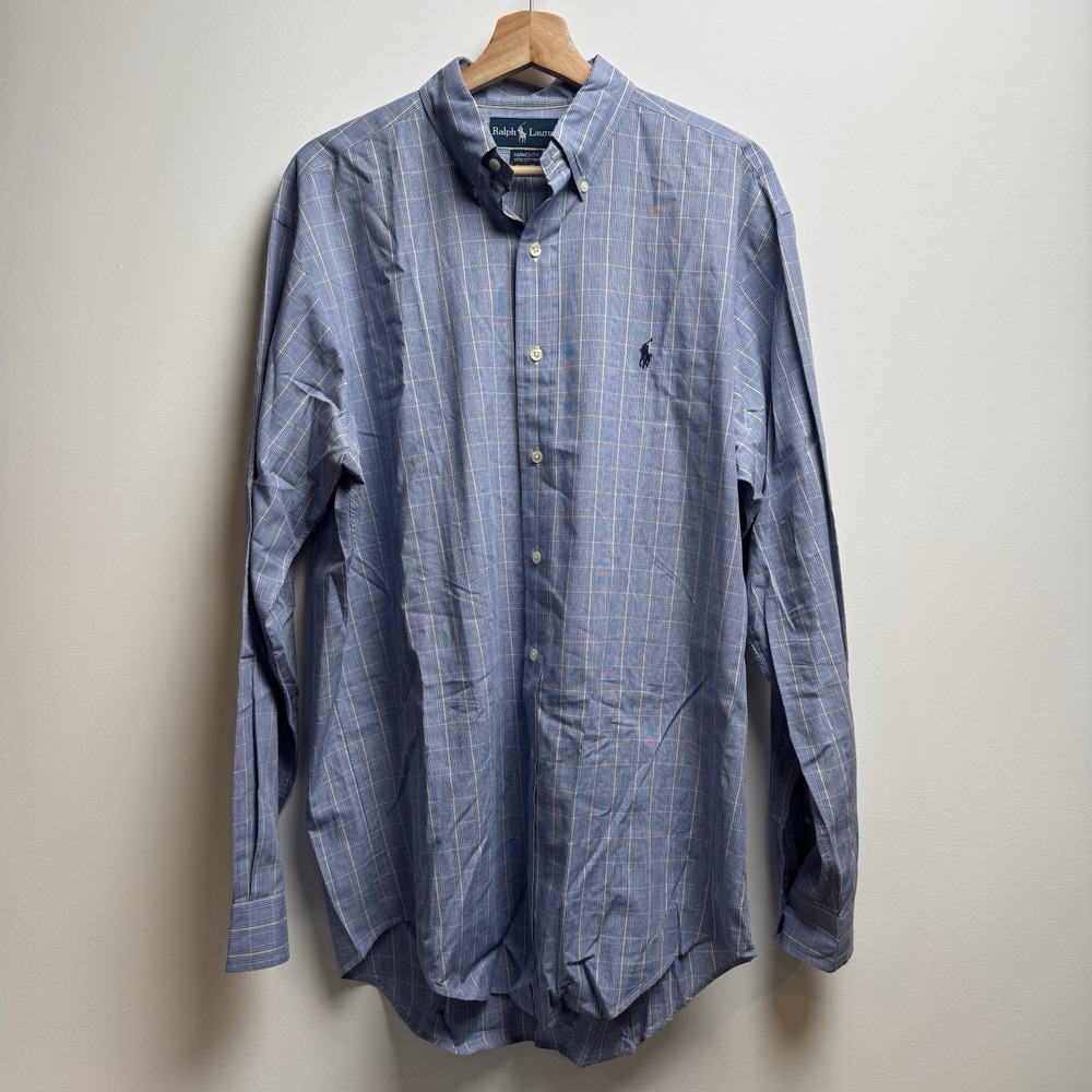 Ralph Lauren Casual Summer Men's Blue Plaid 100% Cotton Dress Shirt 17.5